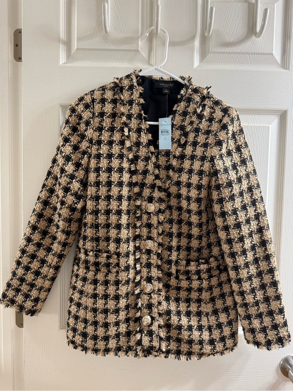 Ann Taylor Womens Black and Cream Tweed Button Jacket